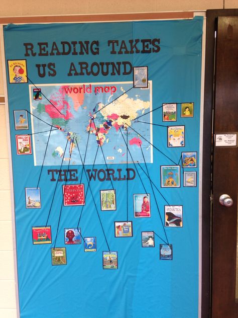 Reading takes us around the board- new bulletin board I did! World Book Day Display Boards, Primary Library Ideas, Reading Takes You Places Bulletin Board, Reading Takes You Places, Book Bulletin Board Ideas, Reading Corner School, Library Bulletin Board Ideas, World Bulletin Board, Public Library Programs