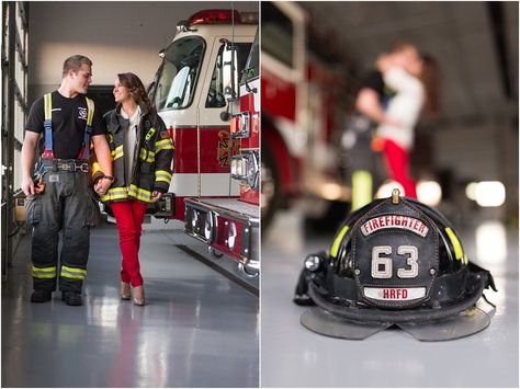 Engagement Photos by Saint Louis Wedding Photographer, Ashley Fisher Photography, Engagement session with firefighter, couple kissing behind fire helmet in Eureka, MO Firehouse Engagement Photos, Fire Station Engagement Pictures, Fire Department Engagement Photos, Firefighter Couple Pictures, Fire Department Wedding, Firefighter Engagement Pictures, Firefighter Couple, Fireman Wedding, Firefighter Engagement