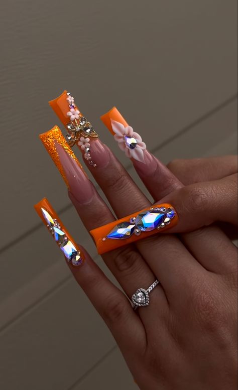 Orange Prom Nails Black Women, Orange Bling Acrylic Nails, Orange Freestyle Acrylic Nails, Orange Bling Nails, Long Orange Nails, Baddie Nails Square, Orange Nail Set, Orange Acrylic Nails Designs, Orange Birthday Nails