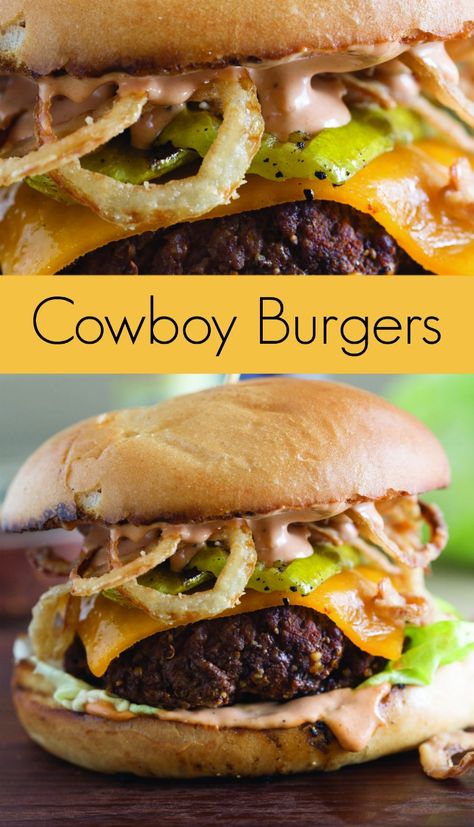 COWBOY BURGER RECIPE WITH GRILLED PICKLES AND CRISPY ONION STRAWS Grilled Pickles, Cowboy Burgers, Crispy Onion Straws, Onion Straws, Cowboy Burger, Tartiflette Recipe, Low Carb Cheesecake, Gourmet Burgers, Crispy Onions