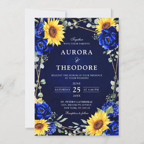 Royal Blue Rustic Sunflower Geometric Wedding Inv Invitation Royal Blue Country Wedding, Royal Blue And Yellow Wedding Theme, Royal Blue And Yellow Wedding, Blue Sunflower Wedding, Blue Yellow Weddings, Prince Wedding, Sunflower Invitations, Yellow Wedding Theme, Blue Sunflower