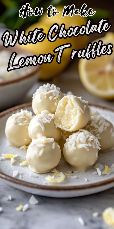 White Chocolate Lemon Truffles Lemon Truffles Easy, Lemon Bon Bons, Weight Watchers Lemon Truffles, Truffle Recipes Chocolate, Cool Whip Truffles, White Chocolate Lemon Truffles, Truffles Recipe Easy, Chocolatier Recipes, White Chocolate Recipes Easy