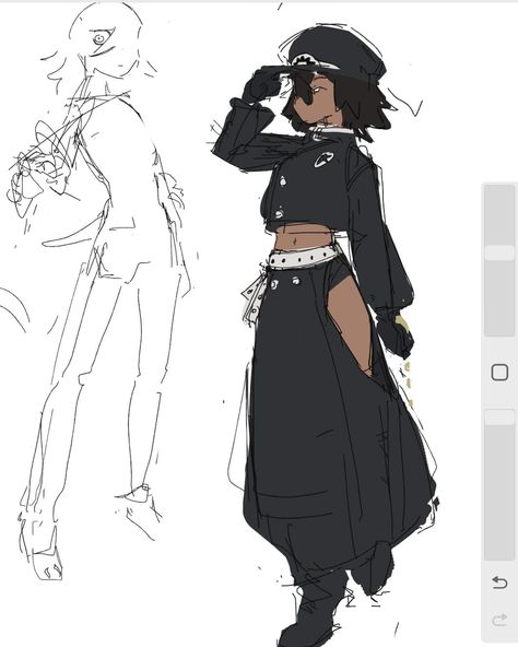 Pose Reference For Character Design, Rough Character Design, Shy Oc Art, Dark Skinned Character Design, Woman Drawing Reference Poses, Outfit Ideas Reference, Art Pose Inspiration, Ghost Oc Drawing, Clothing Ideas For Ocs