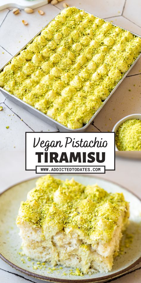 pistachio tiramisu with a bright green chopped pistachio topping on a ceramic plate. Pistachio Mascarpone, Pistachio Tiramisu, Vegan Pistachio, Pistachio Syrup, Vegan Tiramisu, Vegan Baking Recipes, Mascarpone Cream, Vegan Cake Recipes, Desserts Vegan