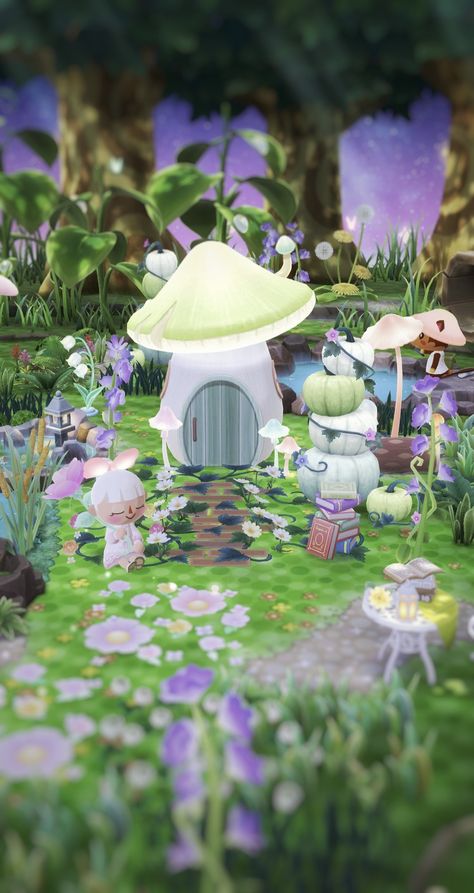 A green mushroom hut surrounded by flowers and pumpkins. An Animal Crossing villager sits in the middle ground. Fairycore Animal Crossing, Magical Fairy Forest, Animal Crossing Design, Animal Crossing Pc, Green Mushroom, Stunning Nature, Pocket Camp, Kids Tents, Animal Crossing Pocket Camp