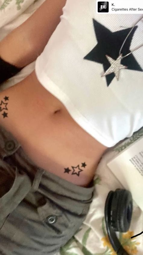 Both Hips Tattooed, Star Tattoo On Lower Stomach, Star Waistline Tattoo, Stars On Hip Tattoo, Star Tattoo On Stomach, Groin Area Tattoo, Hip Star Tattoo, Tattoos Hip, Hip Tats For Women