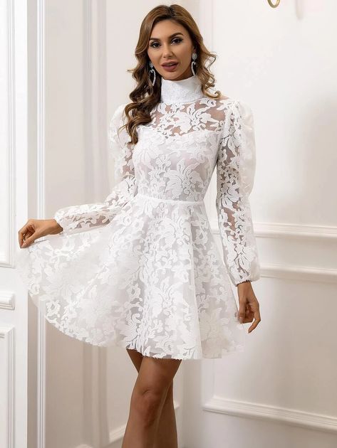 High Neck Mini Dress, Party Dress Sale, Lace Prom Dress, Luxury Wear, Lace Skater Dress, White Dress Party, Lace Long Sleeve, High Neck Long Sleeve, Dress Silhouette