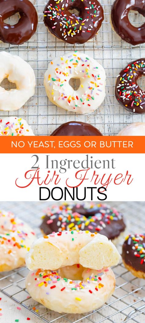 Easy donuts with a 2 ingredient dough that doesn't need yeast, eggs or butter. These donuts can be cooked in the air fryer or baked. Air Fryer Donuts No Yeast, Air Fryer Donut Recipes No Yeast, Easy Quick Deserts, Donut Ball Recipe, Donuts No Yeast, Donut Recipe No Yeast, Easy Pancake Batter, Air Fry Donuts, Anabolic Recipes