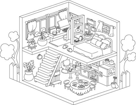 Coloring Pages Interior, Rooms Drawing, Kitchen Black And White, Bedroom Cartoon, Casa Interior, Home Illustration, Cartoon House, 3d House, Black And White Cartoon