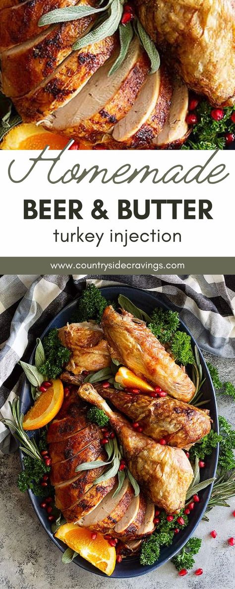 Beer Can Turkey Oven, Beer Brined Turkey, Turkey Filling Recipes, Flavor Injector Recipes Turkey, The Best Turkey Recipe, Thanksgiving Meat Ideas, Turkey Tips Recipe, Turkey Brines, Turkey Recipes For Thanksgiving