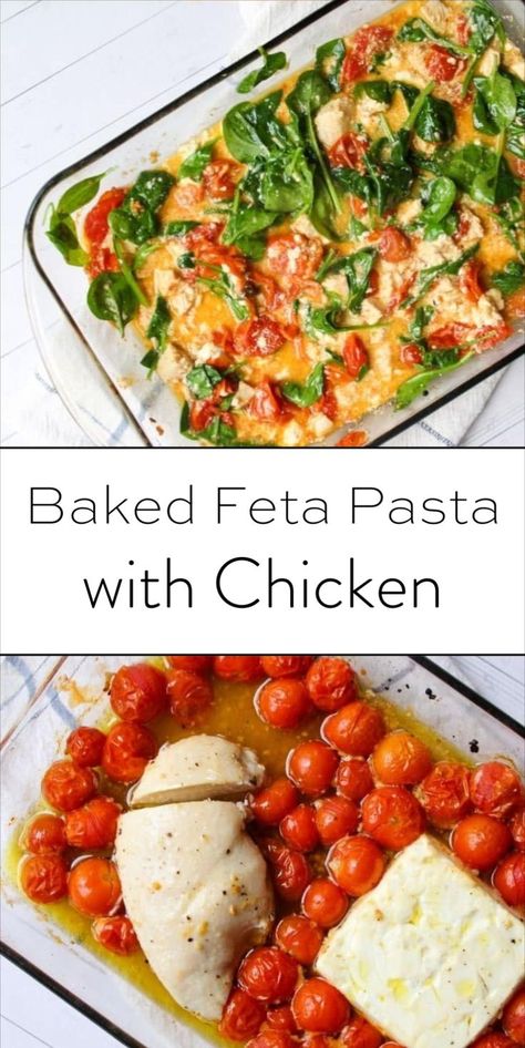 This baked feta pasta is the best comfort meal, made with cherry tomatoes, with chicken, and fresh spinach. Inspired by the TikTok feta pasta trend, it’s a healthy feta pasta option for easy healthy week night dinners. Try this viral feta and tomato pasta twist with chicken feta pasta for added protein! Healthy Week Night Dinners, Feta Pasta With Chicken, Chicken Feta Pasta, Feta And Tomato Pasta, Tiktok Feta Pasta, Week Night Dinners, Tomato Pasta Bake, Chicken Feta, Antipasto Pasta Salads