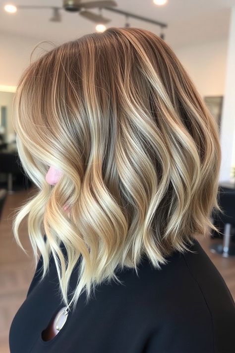 Beachy Bob, A Line Haircut, Warm Balayage, A Line Bob, Medium Bob Haircut, Medium Layered Haircuts, Creamy Blonde, Wavy Bob Hairstyles, Tousled Waves