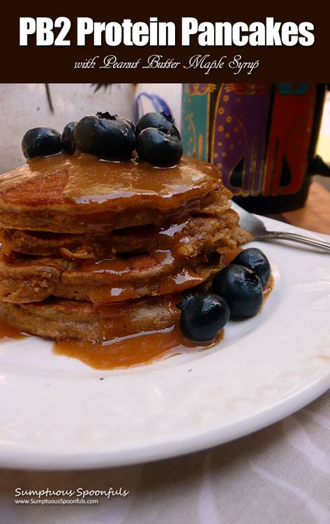 Light fluffy peanut butter-y pancakes with a healthy protein twist, drizzled with a totally addictive peanut butter maple syrup. What's not to love about that? Gluten free, heart healthy, & high fiber too, thanks to PB2. Low Cholesterol Breakfast, Peanut Butter Maple Syrup, Peanut Butter Pancakes, Cholesterol Recipes, Low Cholesterol Diet, Low Cholesterol Recipes, Healthy Lunches For Kids, Cholesterol Lowering Foods, Low Cholesterol