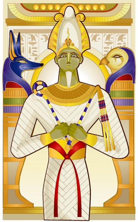 Osiris: Egyptian deity of the Afterlife, Underworld, & the Dead. Son of Geb & Nut. Consort is Isis. Symbol is the crook & flail. Osiris Tattoo Egyptian Mythology, Egyptian Gods Osiris, Kalasiris Ancient Egypt, Khepri Egyptian God, Egyptian Zodiac Signs Osiris, Shield Drawing, Egyptian Deity, Puppy Coloring Pages, Egyptian Culture