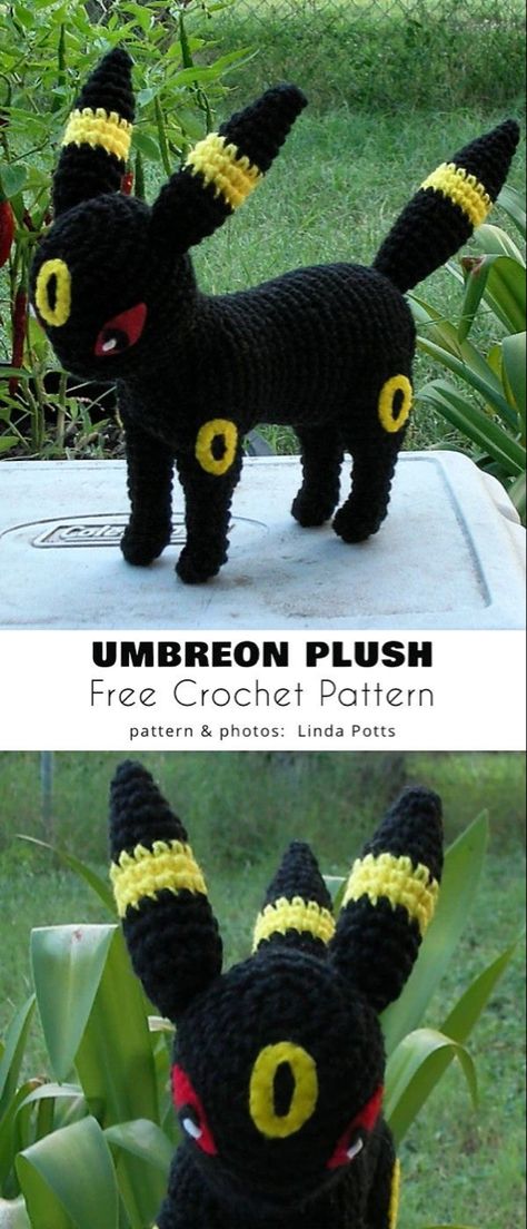 Jolteon Crochet Pattern Free, Crocheted Pokemon Characters, Crochet Umbreon Free Pattern, Free Eevee Crochet Pattern, Evee Pokemon Free Crochet Pattern, Evee Evolution Crochet Pattern, How To Crochet Pokemon, Umbreon Plush Pattern, Leafeon Crochet Pattern