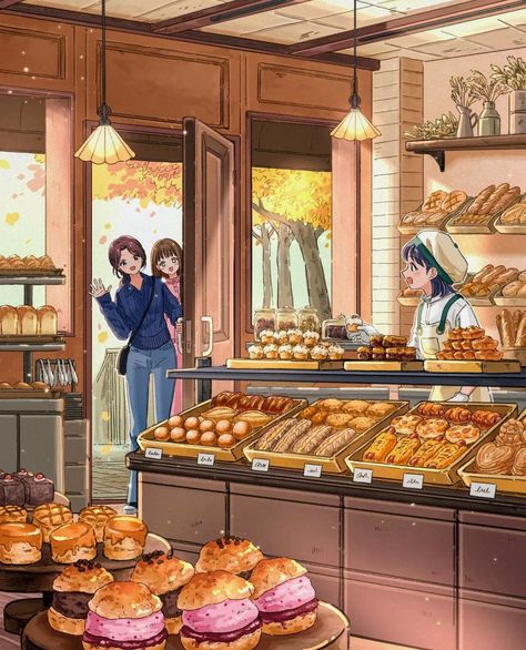 Bakery Art Illustration, Cute Bakery Drawing, Cafe Concept Art, Anime Bakery, Bakery Cartoon, Bakery Wallpaper, Bakery Illustration, Bakery Aesthetic, Cartoon Kitchen