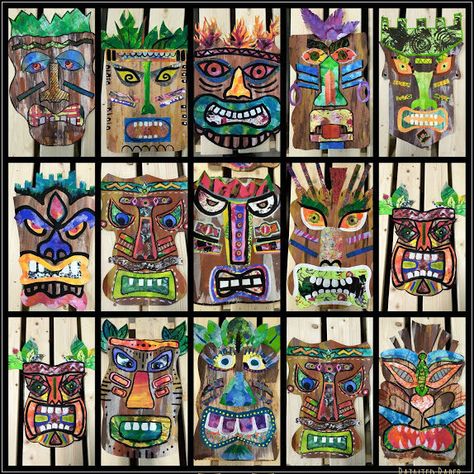 Painted Paper Art, Tiki Masks, Multicultural Art, 7th Grade Art, Art Masks, Polynesian Art, 6th Grade Art, 4th Grade Art, Tiki Mask