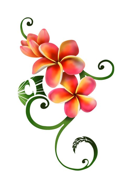 Tattoo for a friend, wanted plumeria and vines for the side of her torso. The CI stands for Cayman Islands. Done in Illustrator to get the outline and then colored in Photoshop. All comments and cr... Hawaiian Stickers, Hawaiian Tattoo Meanings, Hawaiian Flower Drawing, Flores Plumeria, Plumeria Flower Tattoos, Frangipani Tattoo, Tropical Flower Tattoos, Hawaiian Flower Tattoos, Plumeria Tattoo