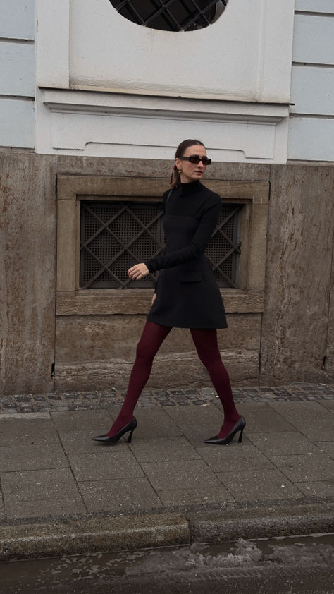 Burgundy Thighs Outfit, Dark Red Tights, Burgundy Stockings Outfits, Red Thighs Outfit, Black And Burgundy Outfit, Black Dress And Tights, Burgundy Tights Outfit, Colour Tights, Black Heels Outfit