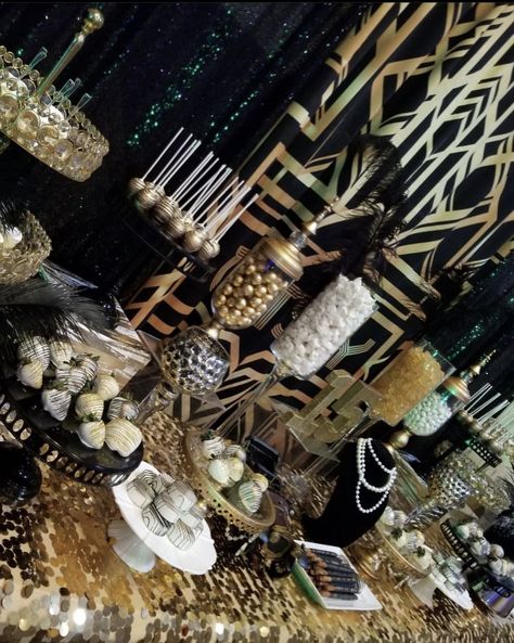 Glitz And Glam Party Food, Great Gaspy Theme Party Food, 1920s Themed Desserts, Great Gatsby Food Table Decor, 1920s Party Food, Sweeteasy Gatsby Party, Black And Gold Theme Party Amazon.com, Gossip Girl Party, Gold Dessert Table