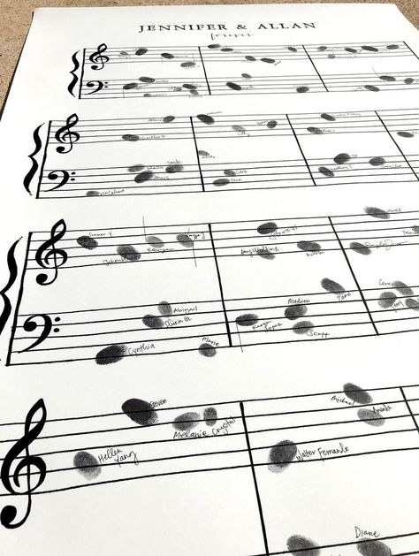 Sheet Music Drawing, Wedding Guest Book Fingerprint, Alternative Wedding Guest Book Ideas, Guest Book Fingerprint, Fingerprint Guest Book Wedding, Piano Wedding, Creative Guest Book, Memorable Wedding Gifts, Alternative Wedding Guest Book