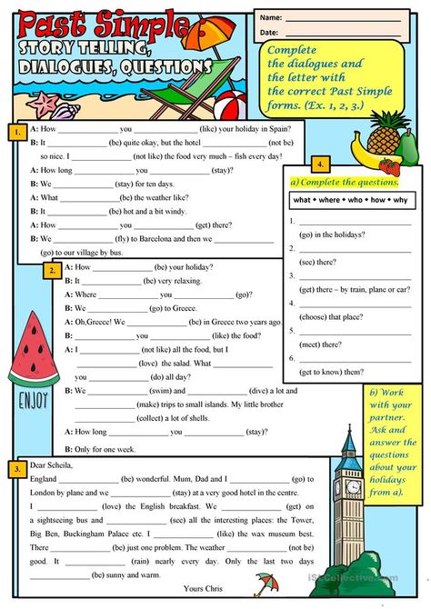 Past Simple: Story Telling, Dialogues, Questions - English ESL Worksheets for distance learning and physical classrooms Story Telling Pictures, Past Simple Worksheets, Winter Worksheet, English Pictures, Past Simple Tense, Esl Teaching Resources, Past Simple, Alphabet Phonics, English Exercises