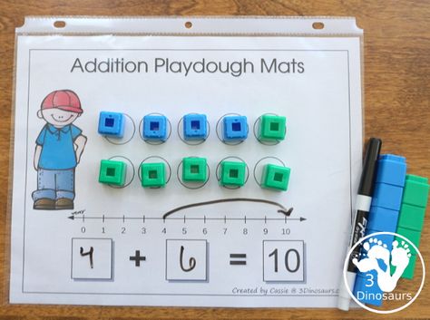 Free Addition 1 to 10 Playdough Mat Printables | 3 Dinosaurs Playdough Area, Unifix Cubes, Adding Numbers, 3 Dinosaurs, Playdough Mats, Sheet Protectors, Number Line, Dry Erase Markers, Circle Shape