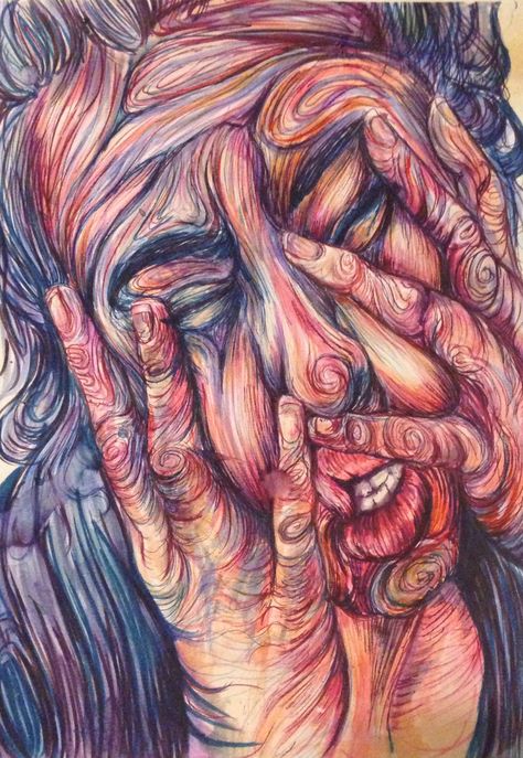 Unknown artist. This is a typical physical sign of a migraine.  Hands on the face protecting the head from further injury. Nikos Gyftakis, Migraine Art, Art Assessment, Photo Arts, Gcse Art Sketchbook, Ap Studio Art, Scribble Art, Sticker Printing, Contour Drawing