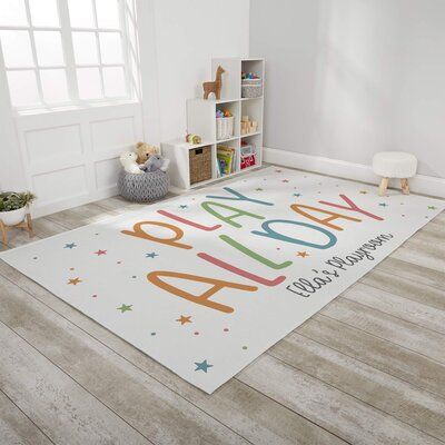 Decorate the playroom with the playroom quotes personalized playroom area rug Customize: Yes, Rug Size: Rectangle 5' x 8' | 96 x 60 x 0.5 in Rug - Personalization Mall Polka Dots Handwoven White / Brown / Green Area Rug Polyester | 96 H x 60 W x 0.5 D in | Wayfair Area Rug For Play Room, Toddler Girls Playroom Ideas, Front Room Playroom Ideas, Tv Playroom Ideas, Kids Playroom Rug, Kids Small Playroom Ideas, Playroom Small Space, Boy And Girl Playroom, Playroom Flooring Ideas