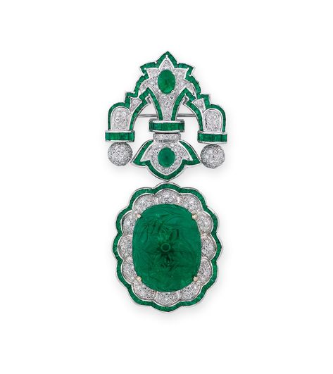 AN EMERALD AND DIAMOND BROOCH, BY ADLER | Christie's Carved Emerald, Diamond Brooches, Detachable Pendant, Diamond Tops, Gold Starburst, Mughal Empire, Brooch Men, Jewelry Design Drawing, Circle Diamond