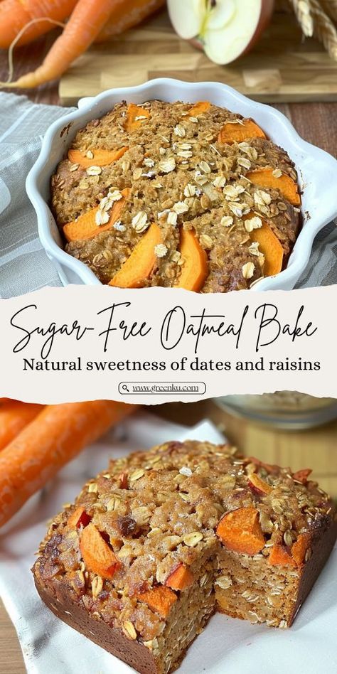 Sugar-Free Oatmeal, Apple, and Carrot Bake Ingredients: 2 cups (200 g) oatmeal 1 teaspoon baking powder 1 cup (240 ml) milk of your choice 8 large dates, soaked in boiling water for 15 minutes 1/2 cup (70 g) raisins, rinsed in hot water 1 carrot, grated 1 apple, grated 3 eggs Vanilla extract Salt #Oatmeal #Baked Apple Oatmeal Bake, Carrot Bake, Oatmeal Baked, Sugar Free Oatmeal, Oatmeal Apple, Oatmeal Bake, Cabbage Casserole Recipes, Healthy Casserole Recipes, Apple Oatmeal