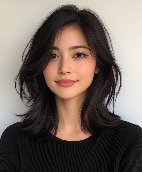 Winter Hair Color Medium Length Medium Length Haircut With Side Bangs, Hair Color Medium Length, Winter Hair Color Trends, Highlighted Bangs, Textured Lob, Medium Hair Color, Chic Winter Style, Textured Layers, Vibrant Hair