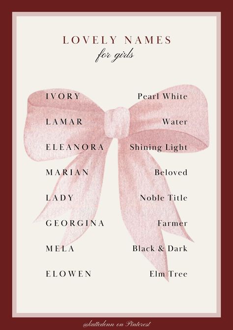 Traditionally feminine names that I love along with their meanings --- Vol. II includes: Ivory, Lamar, Eleanora, Marian, Lady, Georgina, Mela, Elowen Ivory Name Meaning, Feminine Names With Meaning, Feminine Names Aesthetic, Fantasy Names Feminine, Names I Adore, Coquette Names, Names And Their Meanings, Unique Business Names, Feminine Names