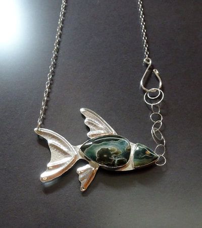 OCEAN INFLUENCE - Sassy Kay Designs Metal Art Jewelry, Fish Necklace, Metalsmithing Jewelry, Fish Pendant, Silver Fish, Ocean Jasper, Artistic Jewelry, Handmade Pendants, Metal Jewelry