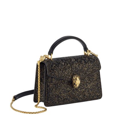 Serpenti Forever Mini top handle bag 293890 | Bulgari Bulgari Serpenti Bag, Small Designer Bags, Brass Scales, Onyx Eyes, Mini Top Handle Bag, Mini Top, Metal Tags, Luxury Bag, Mini Bags