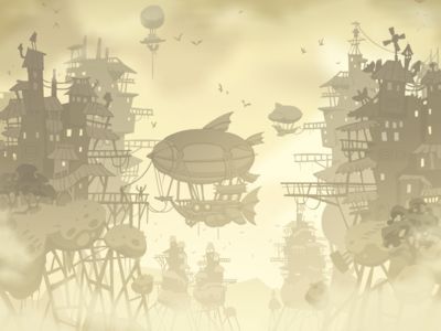 Floating steampunk city environment Steampunk Background, Steampunk Games, City Environment, Blank Comic Book, Steampunk City, Steampunk Artwork, Steampunk Lighting, City Island, Floating City