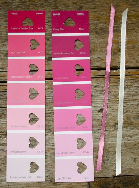 I started out by picking up a couple of pretty paint color sample strips at a store. Using a heart shaped punch - I punched out evenl... Valentines Bookmark Craft, Bookmark Valentines For Kids, Valentines Day Bookmarks, Bookmark Valentines, Love Bookmarks Valentines Day, Heart Paper Clip Bookmark, Strip Art, Cute Valentines Day Ideas, Paint Chip Crafts