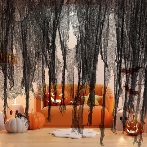 halloween decorations, decorations, halloween, pumpkins, plushies, pillows, ghost pillow, ghost decor, ghost Black Gauze Halloween Decor, Kitchen Halloween, Witches Kitchen, Halloween Curtains, Doorway Decor, Halloween Party Decoration, 18th Bday, Kid Friendly Halloween, Scary Decorations