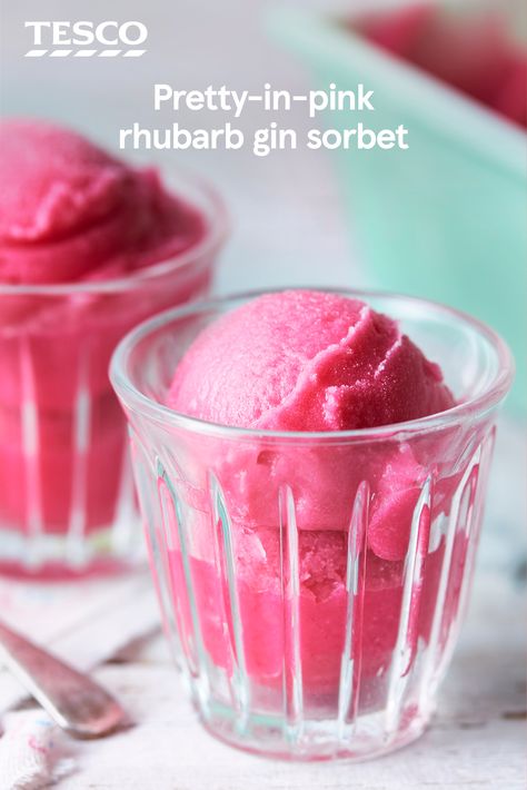 We dare you to find a prettier dessert than this gorgeously pink rhubarb and gin sorbet. Easy to make at home (with or without an ice cream maker) this refreshing dessert has the perfect balance of tangy rhubarb, sweet sugar and floral gin. | Tesco Rhubarb Sorbet, Gin Garden, Rhubarb Gin, Box Cakes, Sorbet Recipe, Gin Recipes, Tesco Real Food, Sorbet Recipes, Pretty Dessert