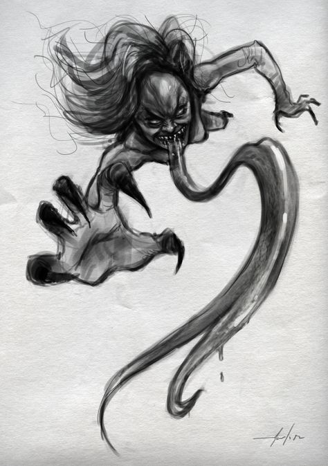 The Tik Tik (aka Wak Wak) from Filipino folklore. An Aswang that feeds from a pregnant woman's womb with their long, thread-like tongue. Named for the ticking sound they make. Filipino Aswang Art, Filipino Mythological Creatures, Filipino Creatures, Filipino Mythical Creatures, Aswang Art, Long Tongue Monster, Long Tongue Drawing, Filipino Mythology, Filipino Folklore