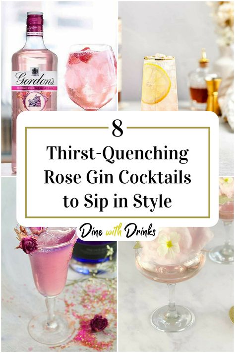 Collage of 4 rose gin cocktails. Gin Rose Cocktail, Rose Gin Cocktail Recipe, Empress Rose Gin Cocktail, Empress Elderflower Rose Gin Cocktail, Rose Gin Cocktail, Rose Cocktails, Rose Cocktail Recipes, Pink Gin Cocktails, Bar Tending