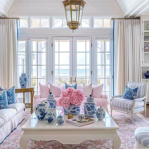 Image Pink And Blue Coastal Living Room, Hamptons Living Room, Sustainable Living Room, Pink Rooms, Vibrant Living Room, Colourful Living Room Decor, Small Space Interior Design, Beach House Living Room, Blue Living Room Decor