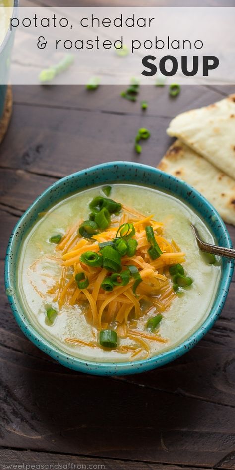 Roasted Poblano Soup with Potatoes and Cheddar Roasted Poblano Soup, Healthy Vegetarian Soup, Healthy Soup Vegetarian, Soup Recipes Healthy Vegetarian, Soup With Potatoes, Poblano Soup, Saffron Recipes, Slow Cooker Potato Soup, Cheddar Potatoes