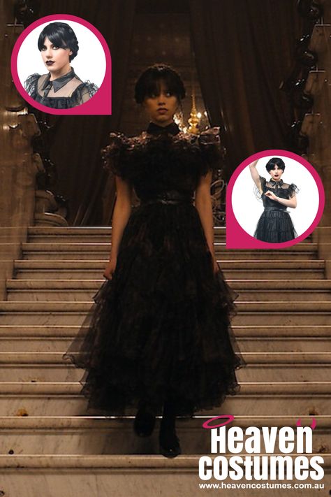 Image of Wednesday Addams in her Black Party Dress walking down stairs with product bubbles featuring the matching dress and wig available to buy at Heaven Costumes Thing Costume Addams Family, The Addams Family Cosplay, Addams Family Fancy Dress, Wednesday Addams Broadway, Book Week Characters, Wednesday Addams Dress 2022, The Addams Family 2019, Wednesday Addams Costume, Addams Family Costumes