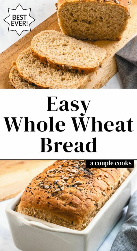 Here's the BEST easy homemade whole wheat bread recipe! This tasty loaf is perfect for toast and sandwiches: no special equipment needed. #wholewheat #wholewheatbread #homemadebread #diybread #breadrecipe #makingbread #homemade #healthybread Easy Vegan Bread, Easy Vegan Bread Recipe, Soups Vegan, Dairy Free Bread, Homemade Sandwich Bread, Vegan Bread Recipe, A Couple Cooks, Wheat Bread Recipe, Homemade Sandwich