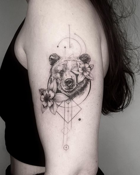 Bear with some columbine flowers! 🐻🌸 Love being able to explore different styles of tattoo designs with my clients. Sometimes it means being pushed out of my comfort zone a little but I really like how this one turned out. Nicole came all the way from Switzerland so we had to finish this in one session 😅 it was a long day but we pushed through and had a great time! Thank you @nicole.ruflin 🙏 Would love to do more pieces like this! Link in my bio if you want to book with me 🙂🫶 #denvertattooa... Couples Bear Tattoo, Bear And Flowers Tattoo, Bear Tattoo Ideas For Women, Bear Tattoos Feminine, Switzerland Tattoo, Tattoo Bear, Different Styles Of Tattoos, Cute Tattoo Ideas, Bear Tattoo Designs