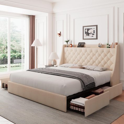 Cream upholstered bed bedrooms