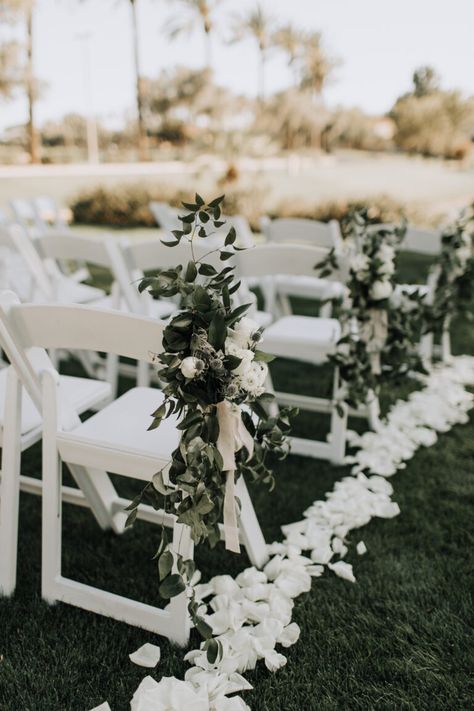 Ceremony aisle rose petals and chair greenery with soft palette floral at a romantic and whimsical styled wedding. Floral by Array Design, Phoenix, Arizona. Photographer: @alexandraloraine Wedding Ceremony Chairs, Wedding Aisle Outdoor, Wedding Isles, Ceremony Chairs, Wedding Aisle Decorations, Wedding Ceremony Flowers, Have Inspiration, Outdoor Wedding Decorations, Marquee Wedding