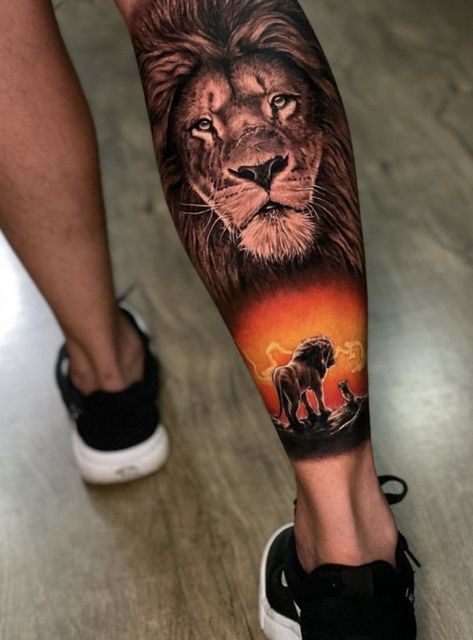 Lion Leg Tattoo, Tato Mata, Lion Tattoo On Thigh, Shen Long Tattoo, Calf Tattoo Men, Tato Paha, Best Leg Tattoos, Flores Tattoo, Lion Tattoo Sleeves