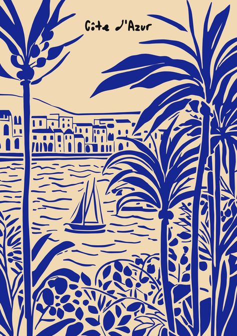 Elegant Côte d'Azur Coastal Vintage Travel Poster, French Riviera Nautical Wall Art with Palm Trees and Sailboat, Indigo Blue Wall Art Print French Riviera Illustration, French Riviera Aesthetic, Coastal Vintage, Nautical Wall Art, Vintage Travel Poster, Nautical Wall, Blue Wall Art, Cote D’azur, French Riviera